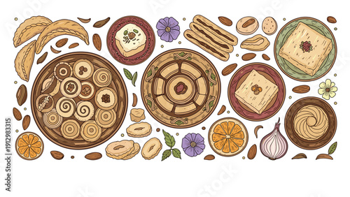 A top-down view of a variety of traditional Arabic sweets and pastries arranged on plates, in a hand-drawn style.