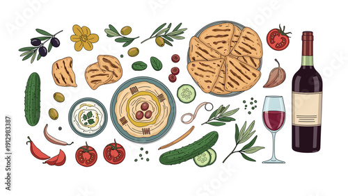 A collection of Greek and Mediterranean food elements including hummus, pita bread, olives, and red wine, hand-drawn.