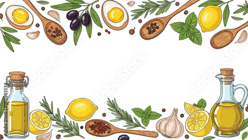 A seamless horizontal border of fresh herbs, spices, and seasonings like olive oil and lemon in a hand-drawn style.
