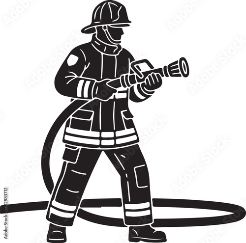 Black silhouette of a firefighter with hose on a white background, minimal outline