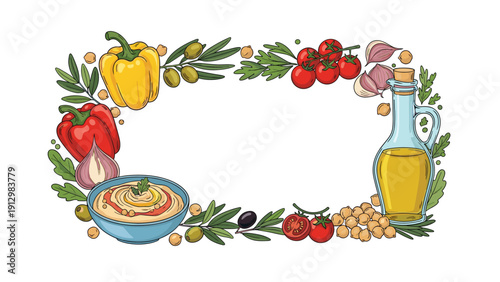 An oval frame with traditional hummus ingredients like chickpeas, olive oil, garlic, and fresh vegetables creating a mediterranean food border.