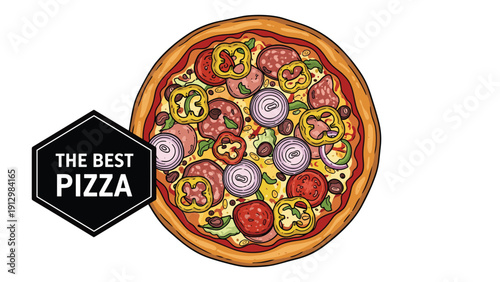 A top-down view of a delicious whole pizza with mixed toppings and a 'The Best Pizza' emblem, isolated on a white background.