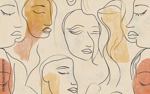 Abstract line art vector illustrations of women's faces and bodies in beige tones on an isolated background