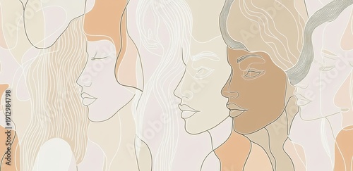 Abstract line art vector illustrations of women's faces and bodies in beige tones on an isolated background