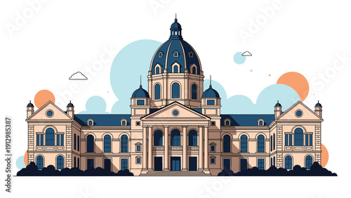 Majestic government building illustration features a large central blue dome, intricate architectural details, and symmetrical side wings.