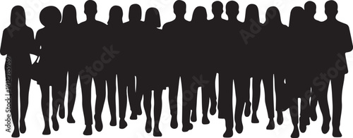 Black silhouette of a modern urban crowd on a white background, minimal outline