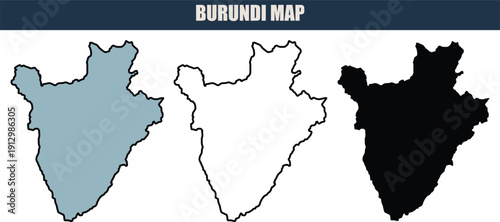 Burundi map illustration with grey, white, and black silhouettes on a clean white background, ideal for travel and geography projects.