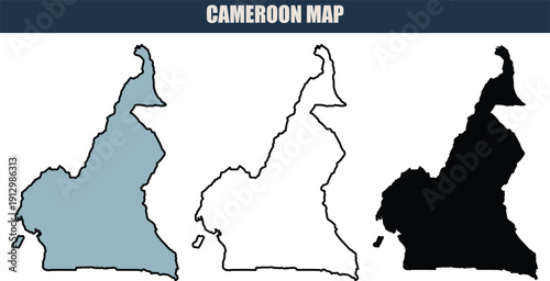 Cameroon map illustration with grey, white, and black silhouettes on a clean white background, ideal for travel and geography projects.