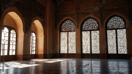 Elegant Islamic arch interior with intricate patterns and soft sunlight rays, creating a peaceful spiritual atmosphere and refined architectural harmony.
