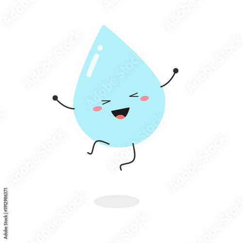 Cheerful cartoon water droplet character happy jumping
