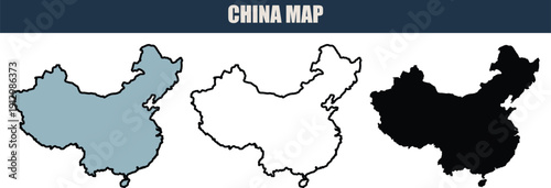China map illustration with grey, white, and black silhouettes on a clean white background, ideal for travel and geography projects.