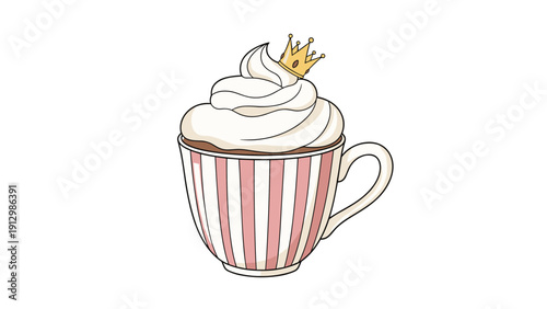 Charming illustration shows a pink and white striped cup filled with a beverage and a large swirl of whipped cream topped with a golden crown.