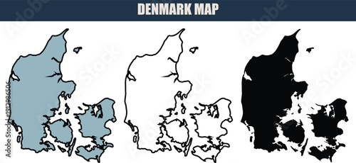 Denmark map illustration with grey, white, and black silhouettes on a clean white background, ideal for travel and geography projects.