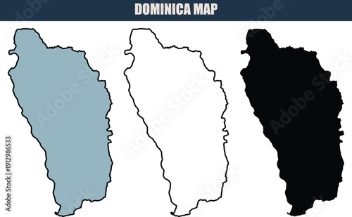 Dominica map illustration with grey, white, and black silhouettes on a clean white background, ideal for travel and geography projects.