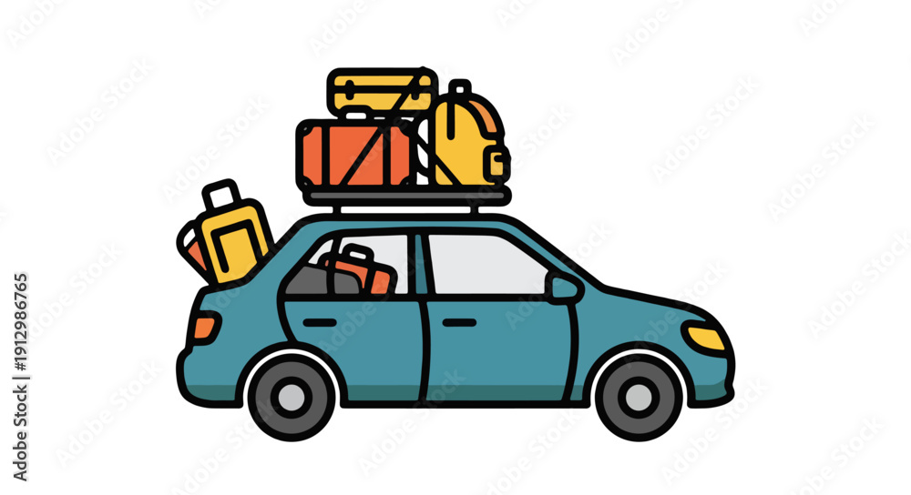 Obraz premium Car loaded with luggage and bags on the roof driving down the road for a trip or vacation, seen from the side.