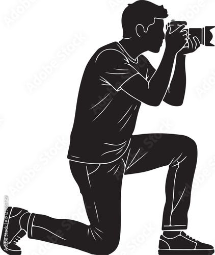 Black silhouette of a person taking photo on a white background, minimal outline