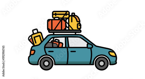 Car loaded with luggage and bags on the roof driving down the road for a trip or vacation, seen from the side.