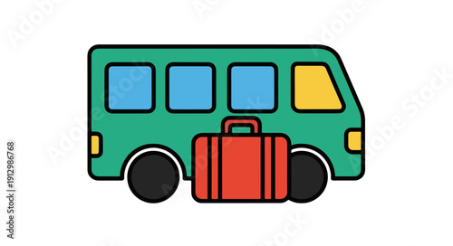 A green tour bus with a red suitcase parked on the street, viewed from the side, ready for travel with luggage.