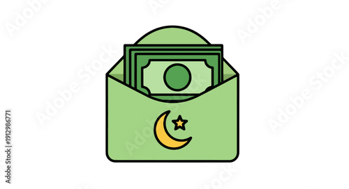 Green envelope with cash, crescent moon, and star icon, symbolizing financial aid during Ramadan, illustrated graphic, flat design style