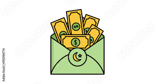 An envelope filled with dollar bills and a coin, representing financial transactions and wealth, depicted in a simple illustration style.