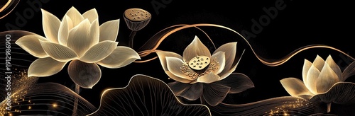 Abstract lotus flowers and leaves in gold line art on a black background