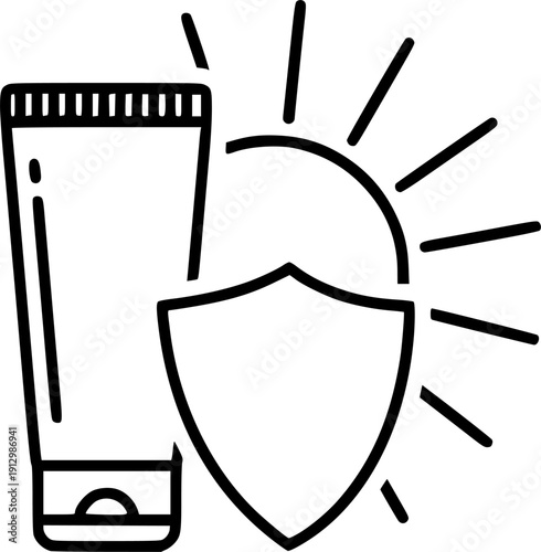 Sunscreen icon. Minimalist cream tube with sun. Sun rays protect. Line vector art.
