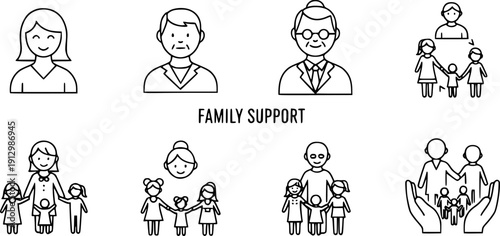 Family icon set, contains such as mother, father, grandmother, grandfather, children, family support, line vector art
