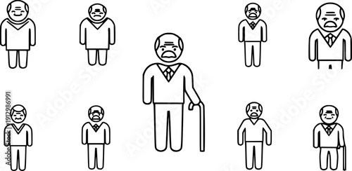 flat and linear set icons, old man icon, elder person with cane, senior generation