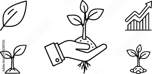 flat and linear set icons, growth plant on the hand, icon, outline leaf,