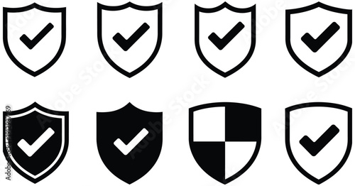Shield icons with check marks and heart symbol in black and white design, clean vector illustrations with solid and outlined styles for security concepts, digital protection, safety assurance, and bus