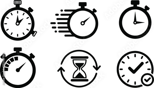 Vector icon set illustrating various time concepts: stopwatches, clocks, speed, progress, deadlines, and efficient time management, perfect for digital design.
