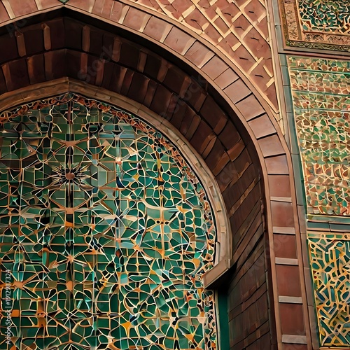 Close-up detail of mosque dome with geometric patterns under soft daylight, showcasing Islamic architecture and sacred design harmony.