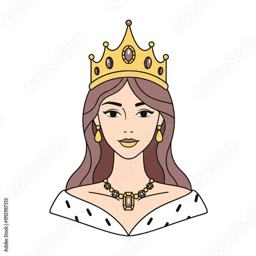 Cartoon Queen Wearing Crown and Royal Jewelry, Elegant Woman Portrait
