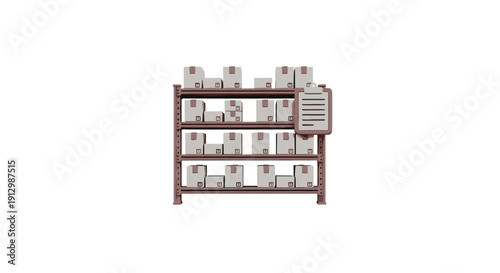 A pixel art illustration depicts a brown storage shelf filled with numerous white boxes, symbolizing inventory management and organized stock.