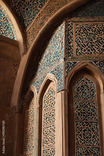 Close-up detail of mosque dome with geometric patterns under soft daylight, showcasing Islamic architecture and sacred design harmony.