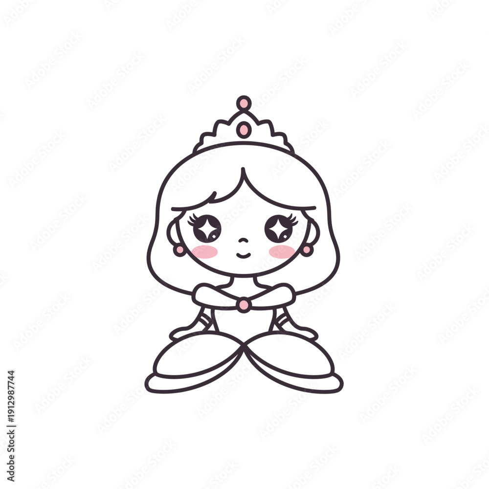 Fototapeta premium Cute Cartoon Princess Character with Crown and Dress, Kawaii Style
