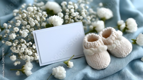 A baby's name card is placed on a blue cloth with baby booties and flowers