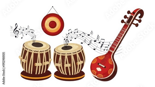 Indian classical music instruments with tabla and sitar