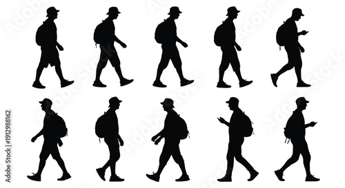 Silhouette illustration of man walking with backpack and phone in various poses and actions