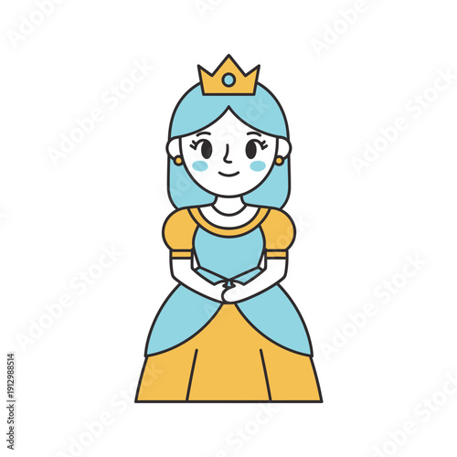 Cute Cartoon Princess with Blue Hair and Crown, Yellow Dress, White Background
