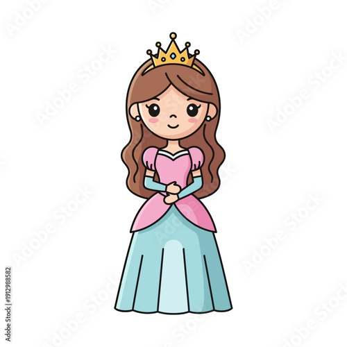 Cute Cartoon Princess with Crown and Pink Blue Dress, Vector Illustration