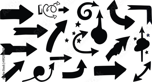 This image features a diverse collection of almost black arrows, showcasing different styles and orientations in contrast to the clean lines.