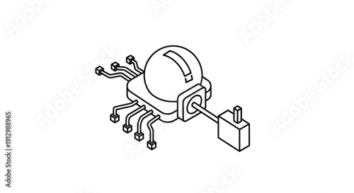 A futuristic, spherical robot with intricate wiring and a control panel, symbolizing advanced technology and artificial intelligence in a clean, minimalist line art style.