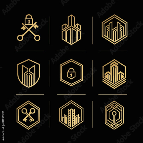 Collection of Golden Hexagonal Logos with Keys, Locks, and Buildings.