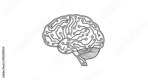 An intricate digital brain illustration, merging human anatomy with circuit board patterns to symbolize artificial intelligence and advanced cognitive processes.