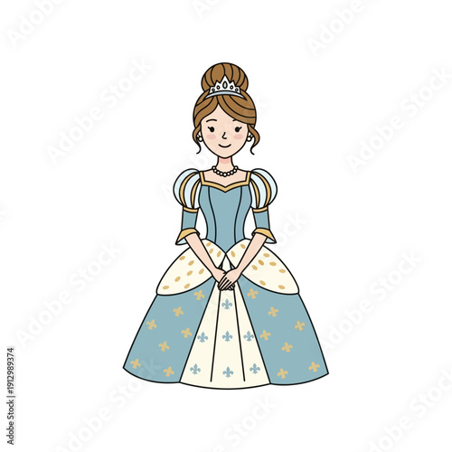 Cute Princess Character in Blue Gown and Tiara, Cartoon Style