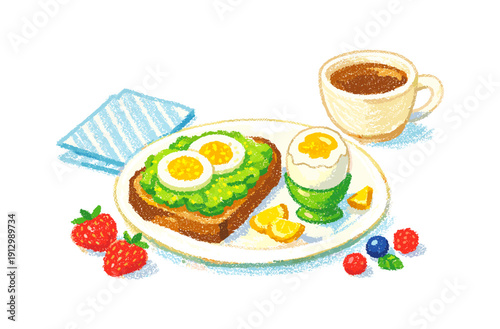 Colorful breakfast with avocado toast and coffee in crayon style