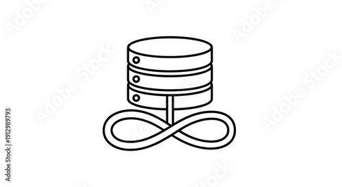 This minimalist line art illustration depicts an infinity symbol integrated with a stacked database icon, representing endless data storage.