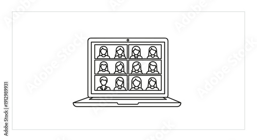 This black and white line art illustration depicts a laptop screen displaying a grid of diverse faces, symbolizing a virtual meeting or online conference call.