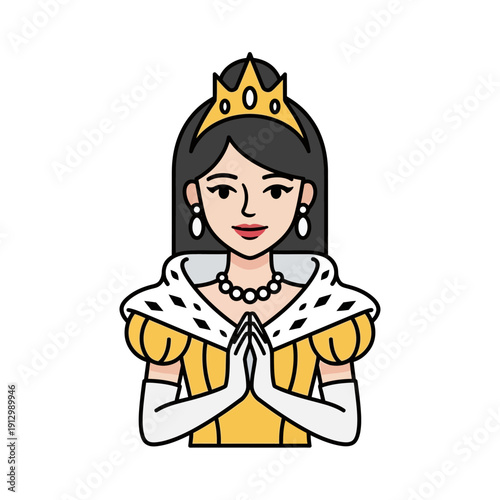 Elegant Queen with Crown and Royal Robes, Hands Clasped in Prayer